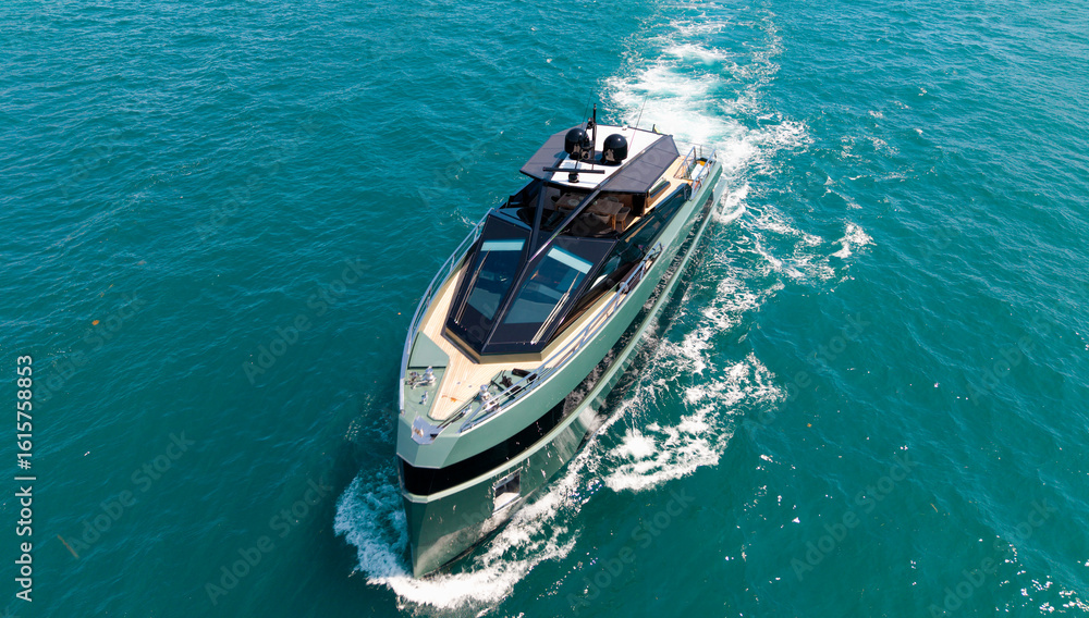 Fototapeta premium Summer vacation. Luxury yacht boat top view. Panorama aerial view on motorboat. Motor boat yacht floating to marina. Motorboat tour by summer sea. Luxury yacht boat at sea. Yacht cruise