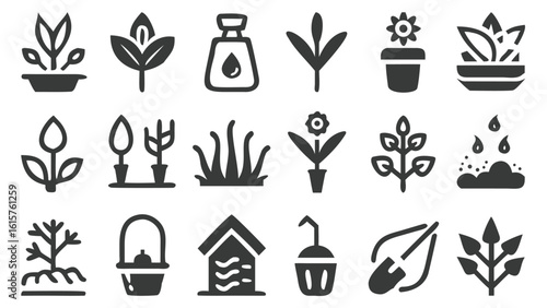 Garden and Nature Icon Set Depicting Plants, Watering, and Growth for Website and Print Design Projects and Creative Visual Communication