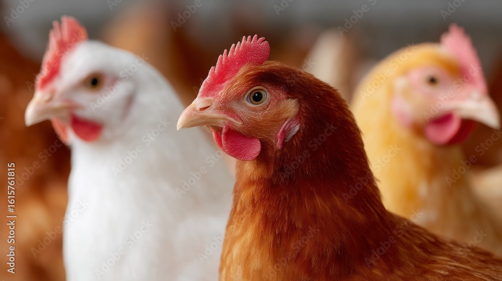 Fototapeta premium Close-up of colorful chickens in a farm setting. The birds display various shades of brown, white, and yellow. Perfect for agriculture themes, animal husbandry, or food industry projects. AI