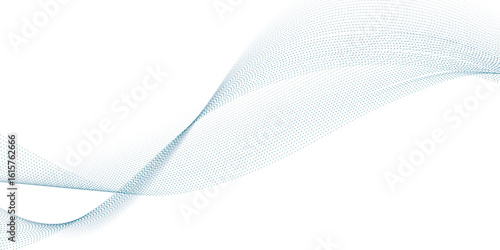 Blue dotted wave line pattern. Flowing dot particles wave pattern halftone black gradient smooth curve shape isolated on transparent background.	