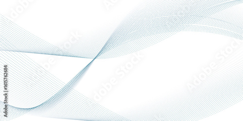 Blue dotted wave line pattern. Flowing dot particles wave pattern halftone black gradient smooth curve shape isolated on transparent background.	