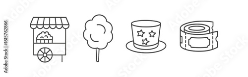 Carnival and fair outline icon set. cotton candy, games, tickets in linear style