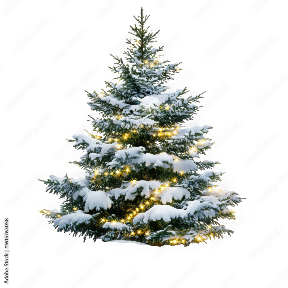 Fototapeta premium Snowy christmas tree with lights png, winter holiday season evergreen tree image, festive decoration, isolated on transparent background