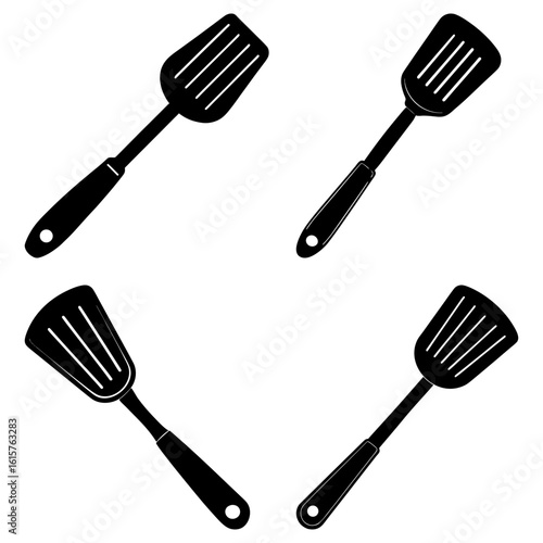 Four black spatulas arranged in a square formation on a white background kitchen utensil cooking tools