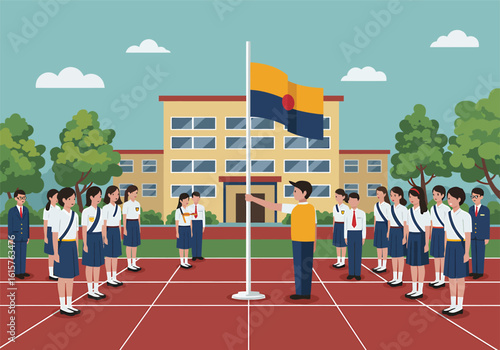 Students in uniform raise their nation's flag during a school assembly.