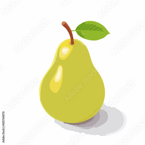 A close-up of a vibrant green pear with a fresh leaf,isolated on white background