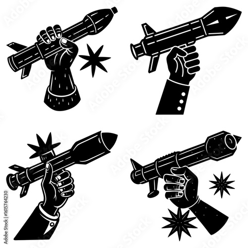 Four illustrations showing hands holding rocket launchers with starbursts in a black and white design