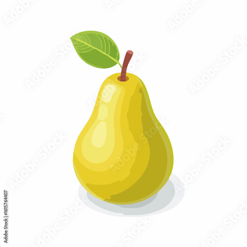 Illustration of a Ripe Yellow Pear with a Green Leaf on a White Background