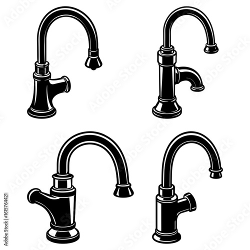 Illustration showing four black and white vintage style faucets in different orientations and designs