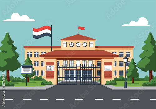 A vector illustration of a Yemeni government building or university with its national flag flying above the main gate.