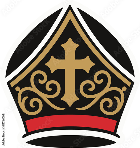 Minimalist Bishop Mitre Vector with Gold Cross and Red Accent on Black