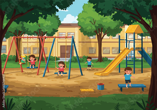 Cartoon illustration of happy children playing on a school playground with swings and a slide.