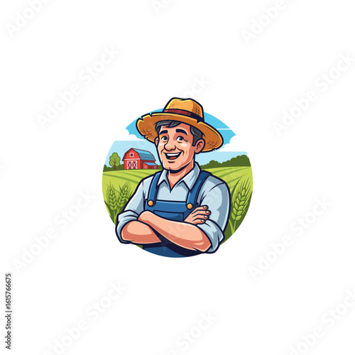 A happy farmer on his famer smiling icon logo flat vector design