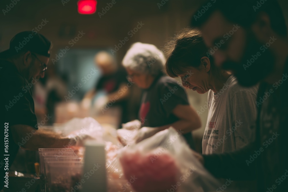 Obraz premium Volunteers prepare meals in community kitchen during evening service to support local families in need