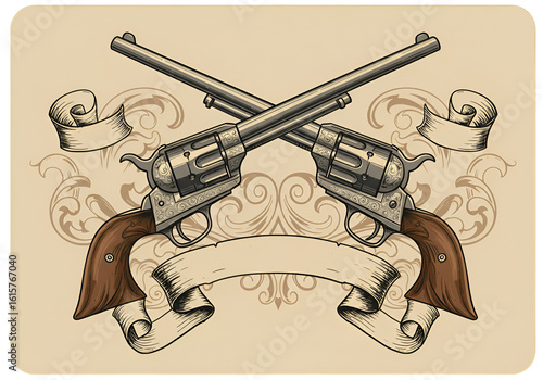 Vintage Illustration Of Crossed Guns On Beige Isolated Background