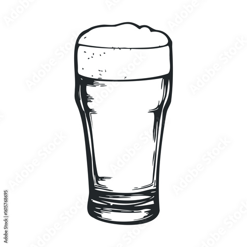 Hand-drawn pint glass with frothy beer on white background