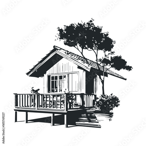 Black and white cottage illustration with trees and veranda