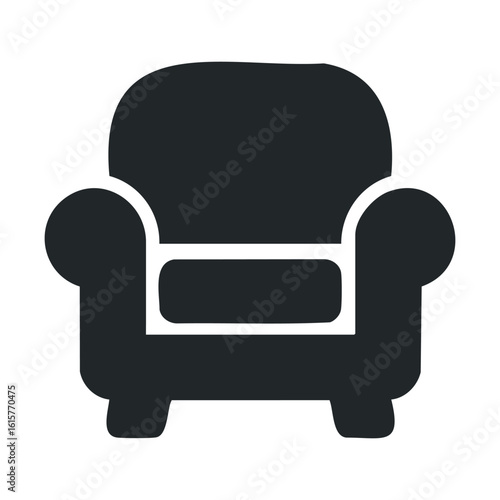 Minimalist black armchair silhouette icon on white background