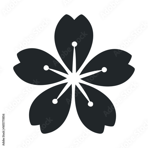 Stylized black sakura blossom icon with five petals on white background