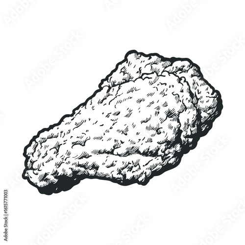 Detailed engraving of crispy fried chicken piece in black and white