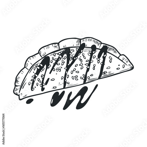 Hand-drawn sketch of a delicious taco with sauce drizzle in black and white