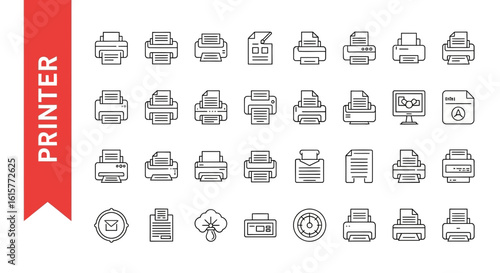 Printer & Print Line Icons - Editable Vector Set for Document Output & Office Functions in UI/UX