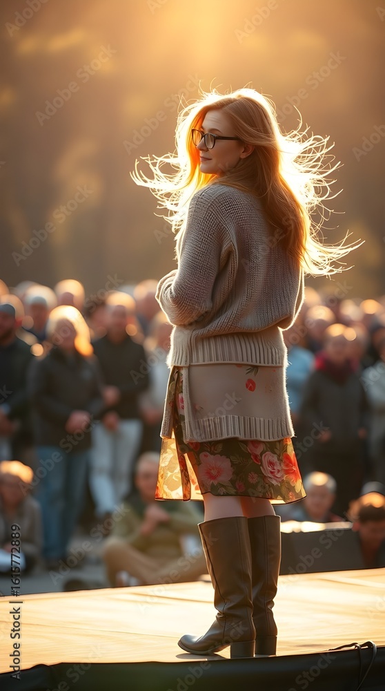 Obraz premium Warm golden hour light, blurred bokeh, fine art photograph of a Finnish female teacher with fair skin, stylish glasses, and flowing light brown hair, wearing a flowery skirt, cozy sweater.