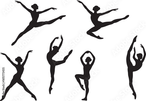 Elegant ballet dancer silhouettes performing various graceful and dynamic dance poses