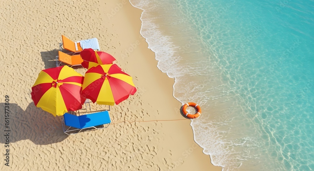 Naklejka premium Colorful beach umbrellas and float on sandy shore by turquoise water