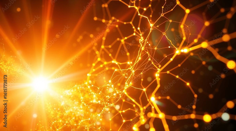 Obraz premium Bright energetic network connection with glowing nodes and light rays signifying innovation and data transfer