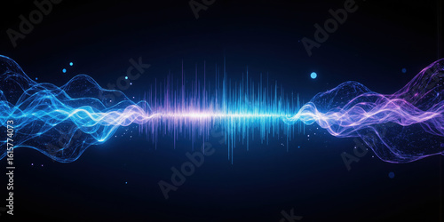 Digital Rhythm Soundwave Visualization Glowing, pulsating soundwaves in shades of neon blue and purple visualize a dynamic rhythm against