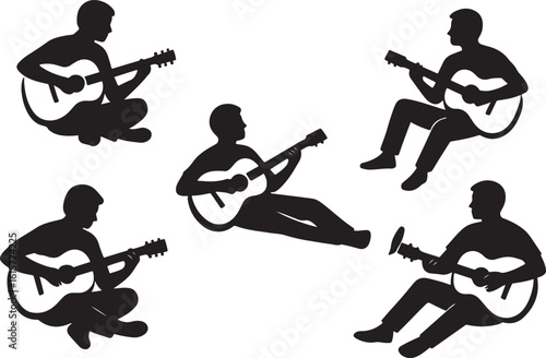 Silhouetted musicians playing acoustic guitars in various comfortable sitting poses