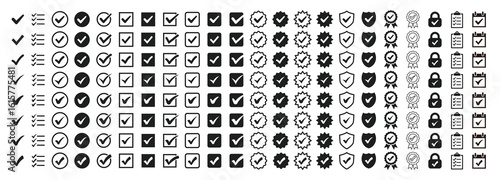 Simple checkmark icon set.Various icon sets related to the check mark (uality certify sign, Approval check, shield, clipboard, reservation, calendar, official mark)