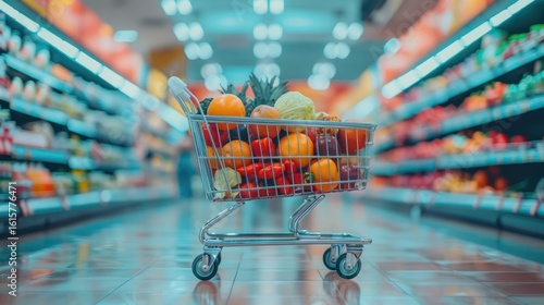 Grocery shopping cart full of fresh produce