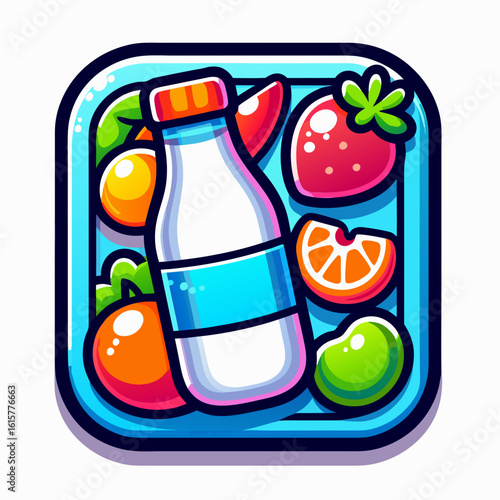 Colorful illustration of milk bottle and assorted fruits in a tray  