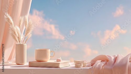 Pastel-toned still life with a cup of coffee, decorative grass, and soft fabrics.
