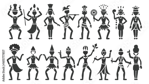 Diverse Silhouettes of Tribal People in Traditional Attire Featuring Ritualistic Dancing and Headwear Emphasizing Cultural Celebrations and Symbolic Gestures