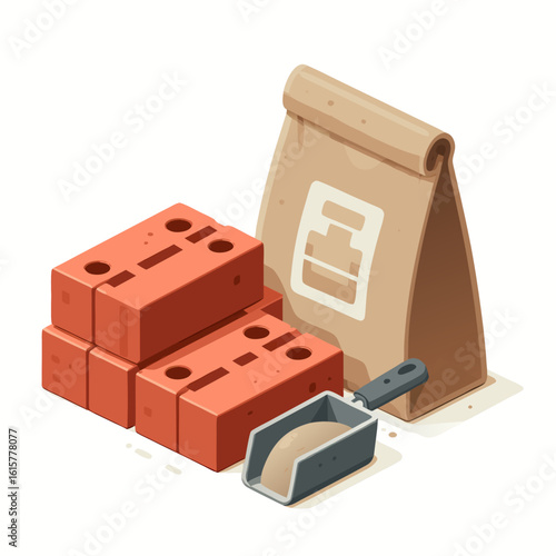 Stack of bricks with bag of cement and scoop on white background  
