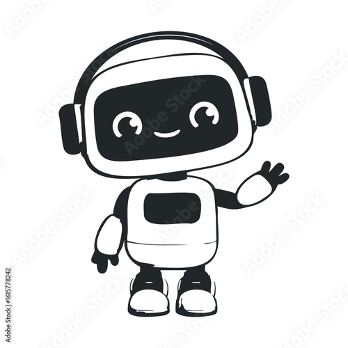 Cheerful cartoon robot waving hello with headphones in black and white illustration
