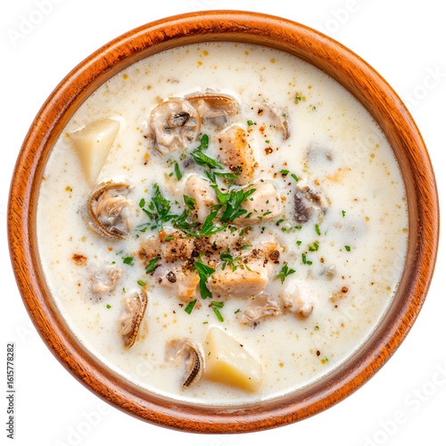 Creamy Chicken and Mushroom Soup in a Wooden Bowl