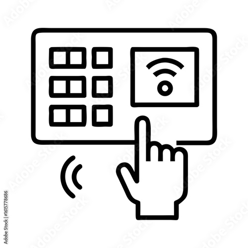 Hand pressing touchscreen control panel for Smart Home features  