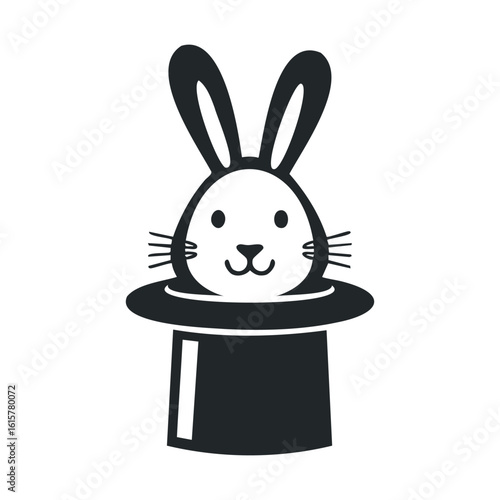 Black and white illustration of a rabbit in a magician's hat