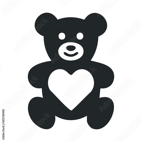 Cute black teddy bear with heart-shaped belly icon on white background