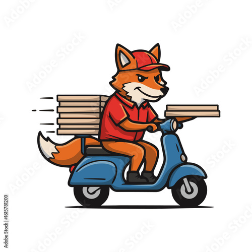Fast Fox Pizza Delivery Mascot on Scooter – Ideal for Food Delivery, Restaurants, Takeaway Services, and Urban Logistics.