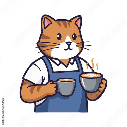 Cozy Cat Barista Mascot with Two Coffee Mugs – Perfect for Cafes, Coffee Shops, Beverage Brands, and Relaxed Settings.