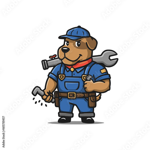 Diligent Dog Mechanic Mascot with Wrench and Toolbox – Ideal for Auto Repair, Automotive Services, and Skilled Trades.