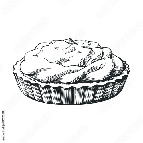 Vintage black and white illustration of a cream topped tart