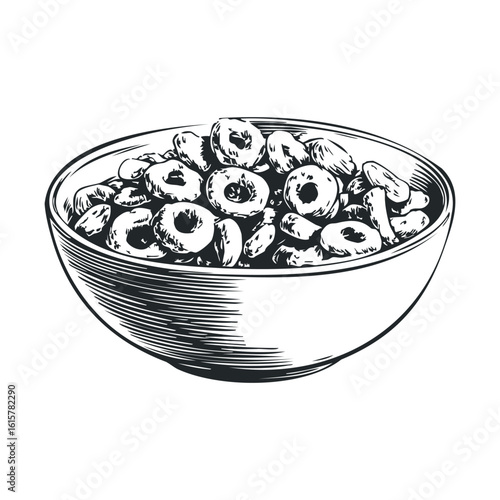 Monochrome illustration of a bowl filled with donut-shaped cereal
