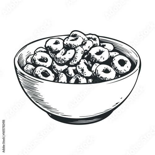 Hand-drawn bowl of cereal puffs in monochrome illustration style