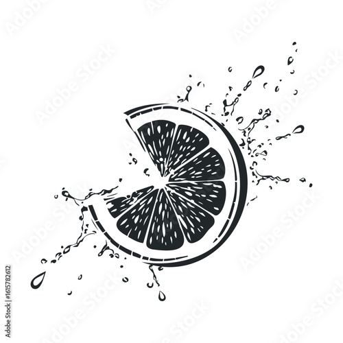 Monochrome citrus slice with splashes illustration on white background